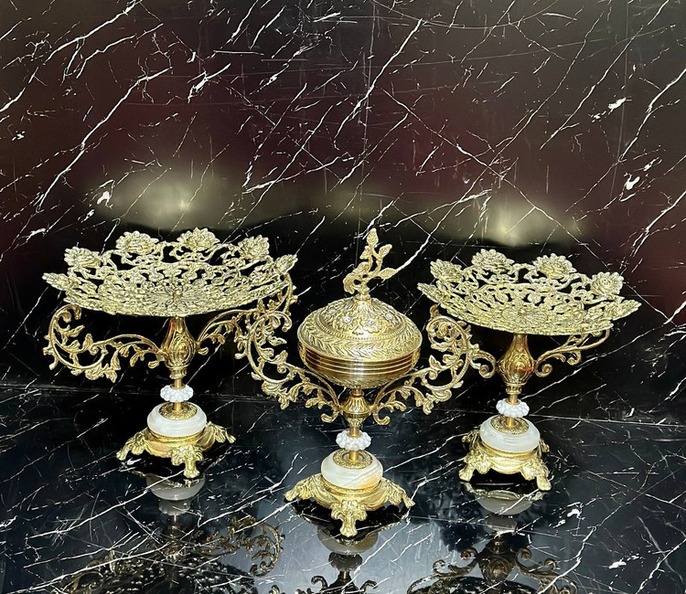 ست پذیرایی برنز مدل گل رز دسته دار با پایه سنگی