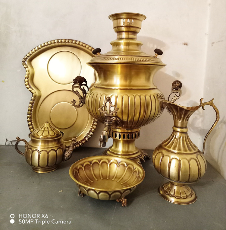 ست 5 پارچه سماور ذغالی 7 لیتری مدل آینه استکانی