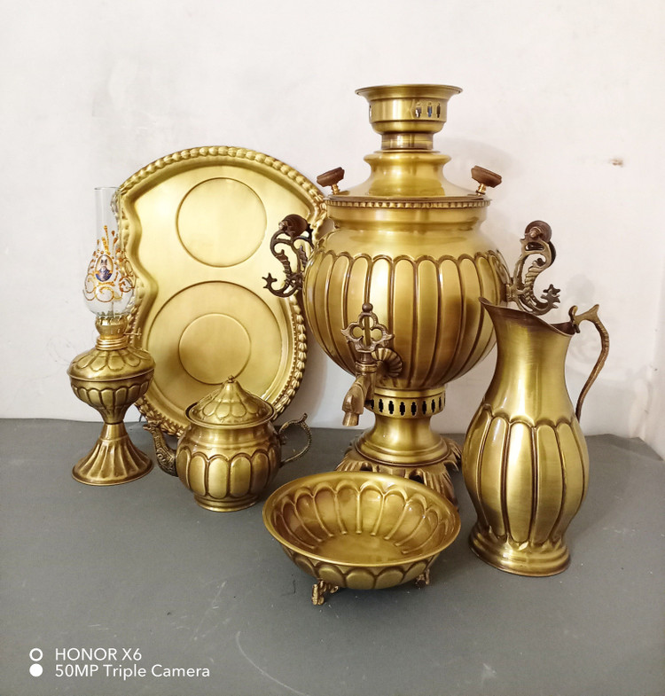 ست سماور ذغالی 7 لیتر استکانی آینه دسته ماری کار اعلا