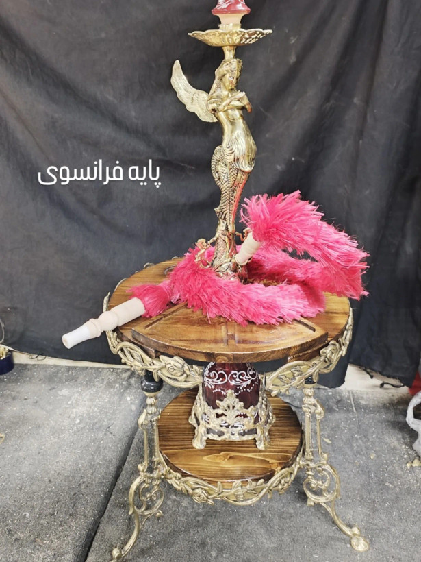 میز نگهدارنده قلیان برنز پایه فرانسوی با صفحه چوب روس با جای وارمر و تنقلات