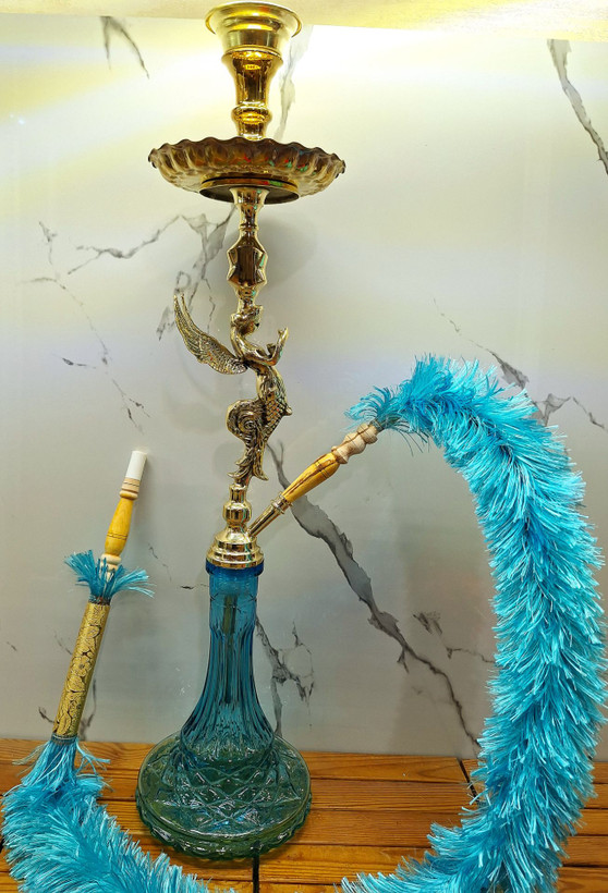 قلیان برنزی مدل تک فرشته ، دارای رنگبندی شیشه و شلنگ